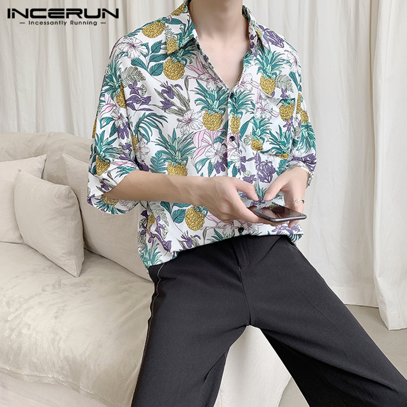 

INCERUN 2020 Floral Print Shirt Men Half Sleeve Chic Lapel Casual Loose Fashion Hawaiian Shirts Mens Vacation Streetwear Camisa, White