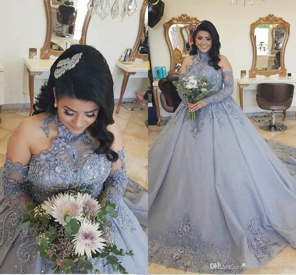 Plus taille argent princesse robe de mariée robes à collet haut col perlé balayer train manches longues robes de mariée arabe