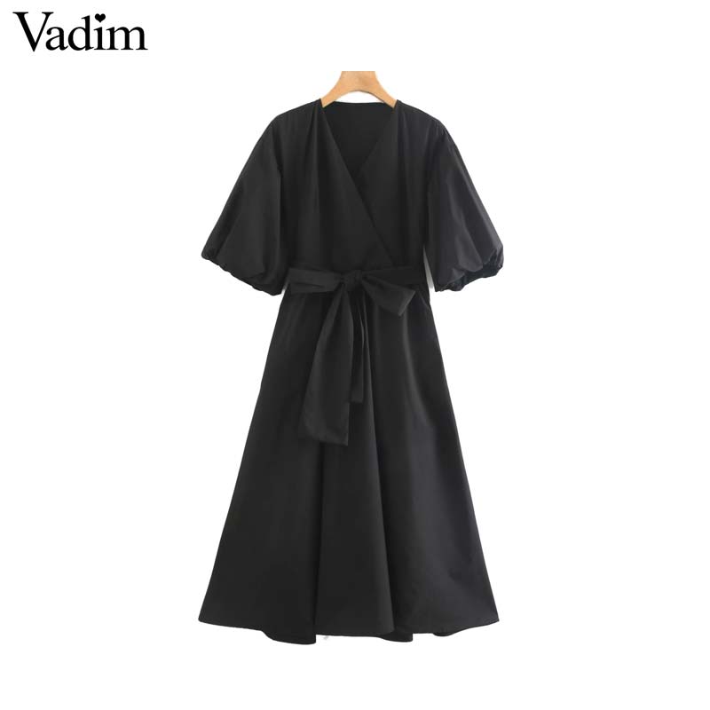 

Vadim women elegant black midi dress V neck bow tie sashes half sleeve female fashion solid mid calf dresses vestidos QC583