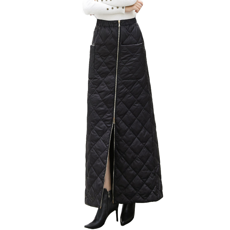 

Thicken Down Cotton Skirt Women Autumn Winter Long Skirts For Women zipper Elastic Waist Black Warm Skirt
