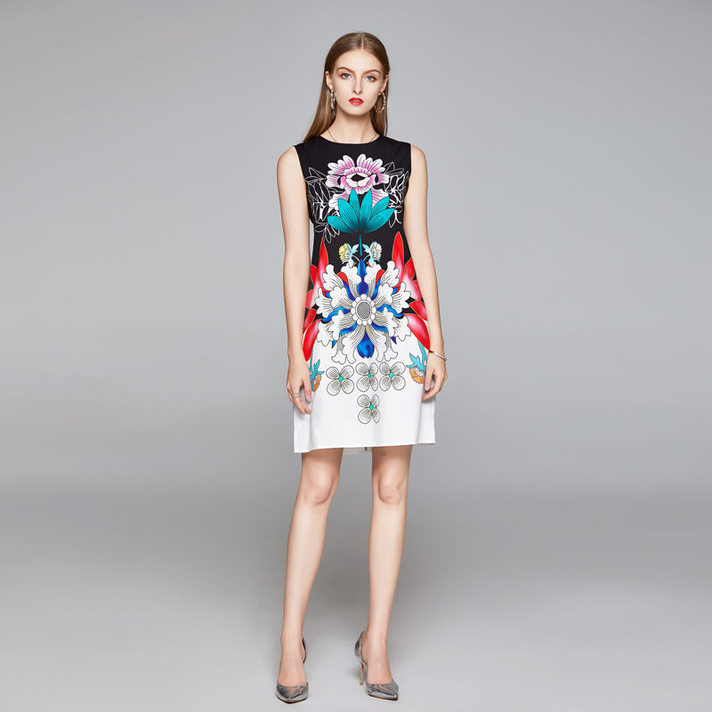 

LUKAXSIKAX 2020 New Summer Women Sleeveless Vest Dress High Quality Retro Flowers Pattern Print Slim Mini Dress Elegant, Picture color