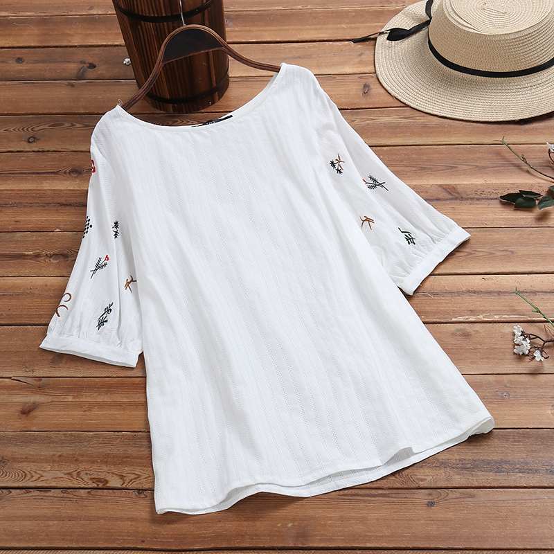 

Fashion Floral Embroidery Tops Women' Linen Blouse ZANZEA 2020 Casual Half Sleeve Shirts Female O Neck Blusas Plus Size Tunic, Pink