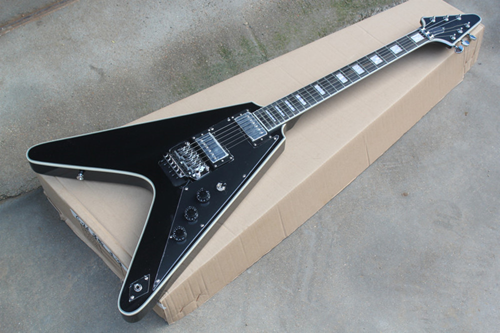 

Factory Custom V Shape body Black Body Electric Guitar with Floyd Rose Bridge,2 Pickups,Chrome hardware,can be customized