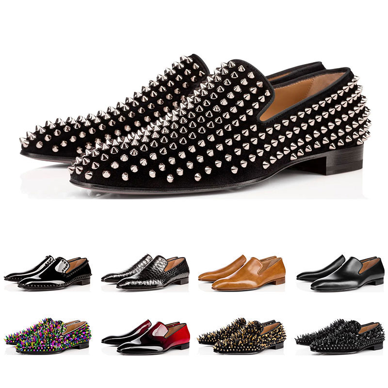 

2019 New fashion designer mens shoes loafers black red spike Patent Leather Slip On Dress Wedding flats bottoms Shoe for Business Party, #5