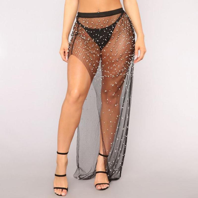 

Women Bikini Cover Up Swimwear Sheer Beach Maxi Wrap Skirt Sarong Pareo Irregular Skirts, Black
