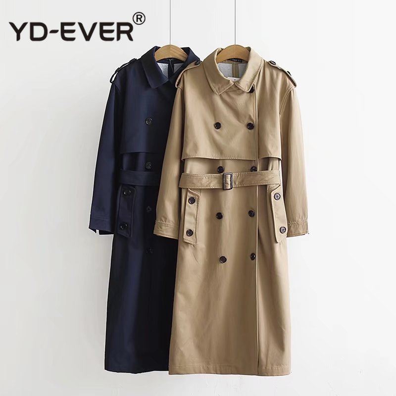 

Women Khaki Long Trench Coat with Sashes Buttons 2020 Autumn Winter Office Ladies Turndown Neck Loose Outwear Double Breasted