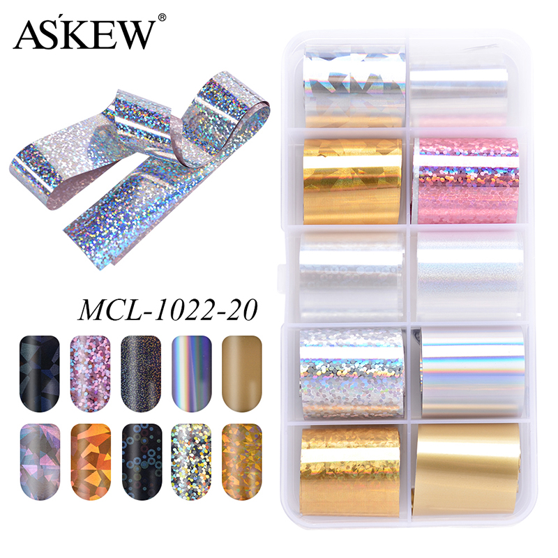

10 Rolls/Box Holographic Nail Foil Set Colorful Transfer Sticker Manicure Nail Art Decals Laser Shinning Starry Sky Paper, Mcl-1022-10