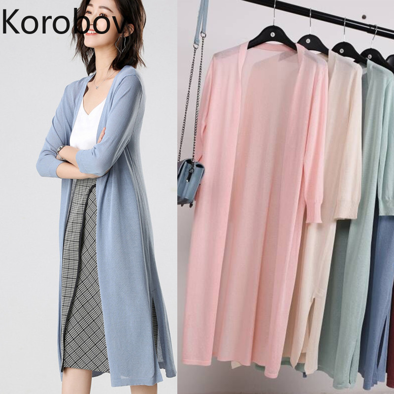 

Korobov 2019 Summer New Arrival Knitted Cardigans Sweater Korean Solid Long Sleeve Sueter Mujer Beach Oversize Jumper 78448, Greycardigans