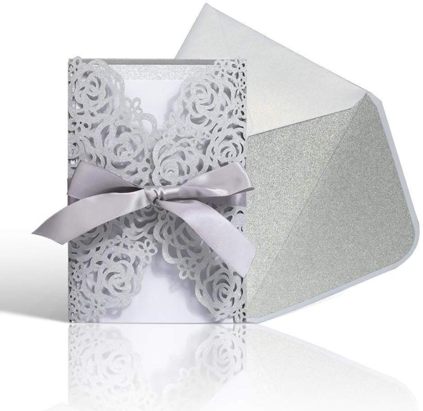 

KAZIPA 25pcs Laser Cut Envelope Wedding Bridal Shower Invitation Silver Glitter Hollow Rose Invitation Card, Silver Inside Page