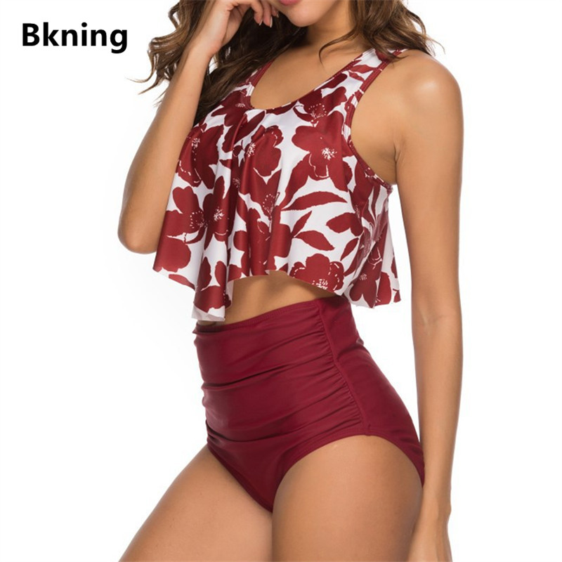

Top Ruffle Bikini 2019 Women Swimwear Large High Waist 2 Piece Biquini Strap Flower Floral Print Bikinis Set Plus Size 3XL, Red