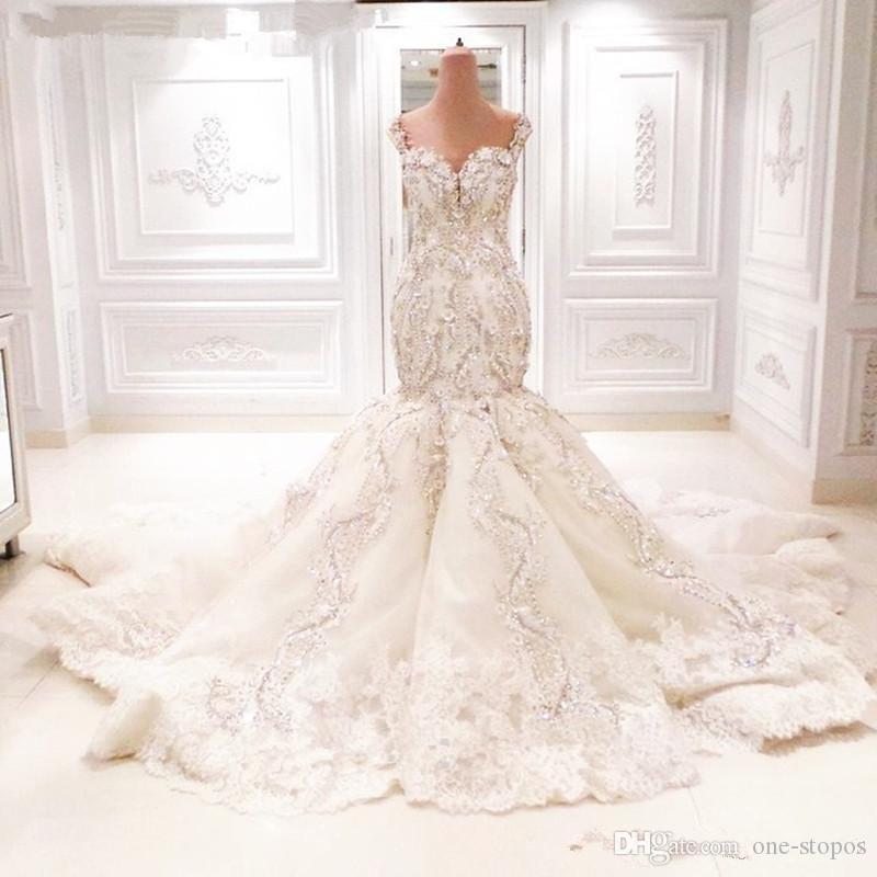 

2020 Sparkly Lace Mermaid Wedding Dresses Cathedral Train 3D Floral V-neck Backless Luxury Dubai Arabic Fishtail Bridal Gowns, Pink