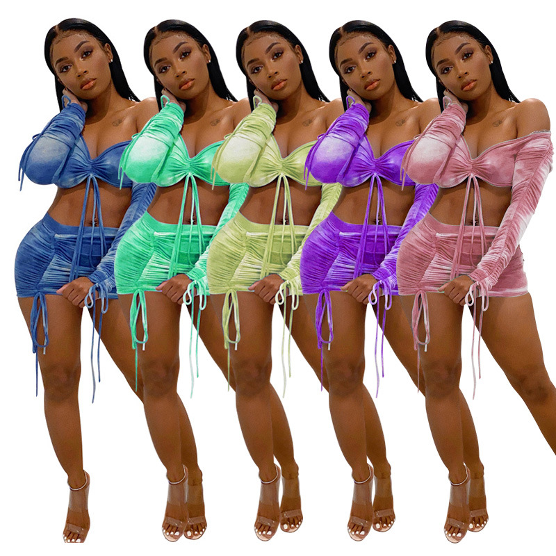 

women sexy off shoulder 2 two piece outfits sets tie-dye Drawstring wrap crop top mini skirts suits fashion streetwear nightclub clothing, White