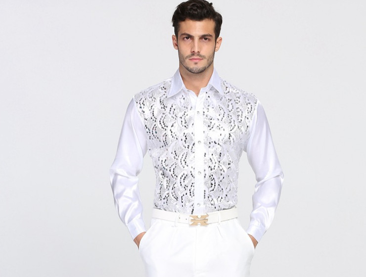

High Quality Man Shirt Sequin Performance ball host Cotton Groom Long Sleeve Shirts Accessories 08, Blue
