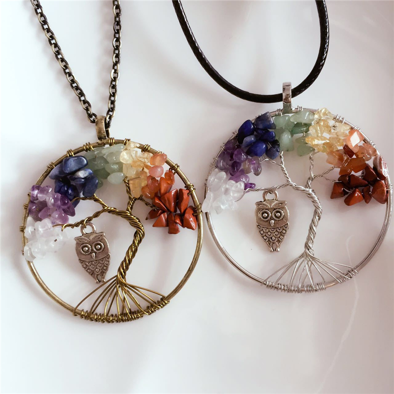 

Chakra Natural Stone Necklace Tree of Life Cute Owl Charms Pendant with Rope Chain Vintage Copper Fashion Crystal Jewelry for Women Gift