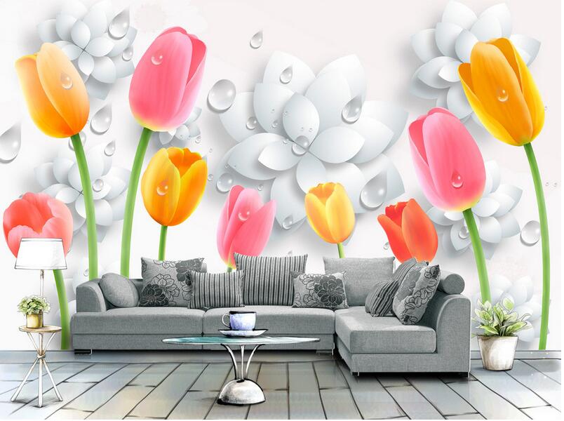 

3d wallpaper custom photo silk wall paper Flower wall backdrop tulip drop home decor living room 3d wall murals wallpaper for walls 3 d, Non-woven wallpaper