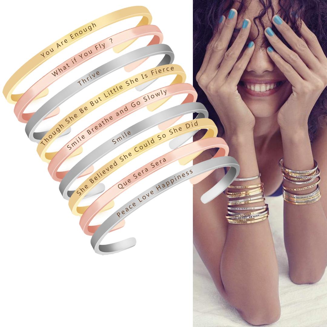 

KCALOE Personalized Brass Quote Engraved Bracelet Fashion God Color Jewelry For Women Peace Love Happiness