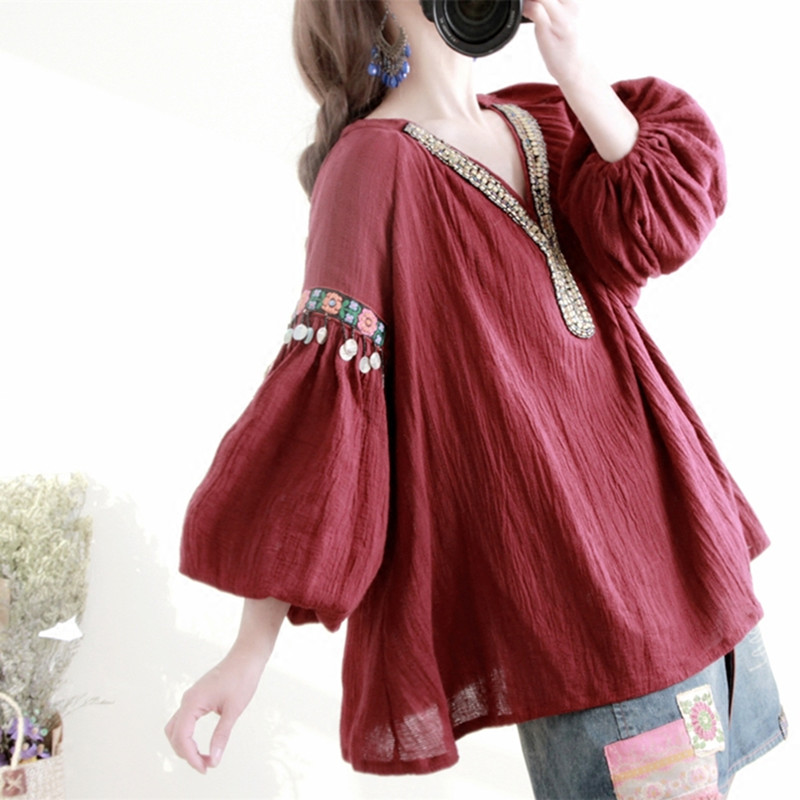 

Original Design AIGYPTOS Spring Autumn Women National Trend Casual Loose Cotton Linen Shirts Embroidery Beading Oversized Shirts, Rusty red