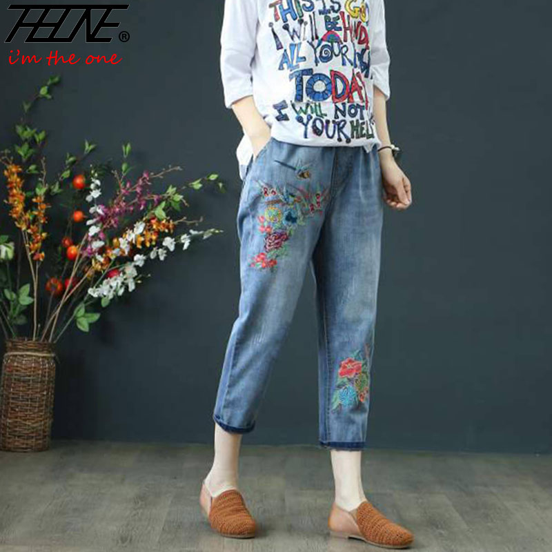 

Embroidery Jeans High Waisted Denim Pants Plus Size Basic Casual Vintage National Style Boyfriend Vaqueros Mujer Jeans Pants, Blue