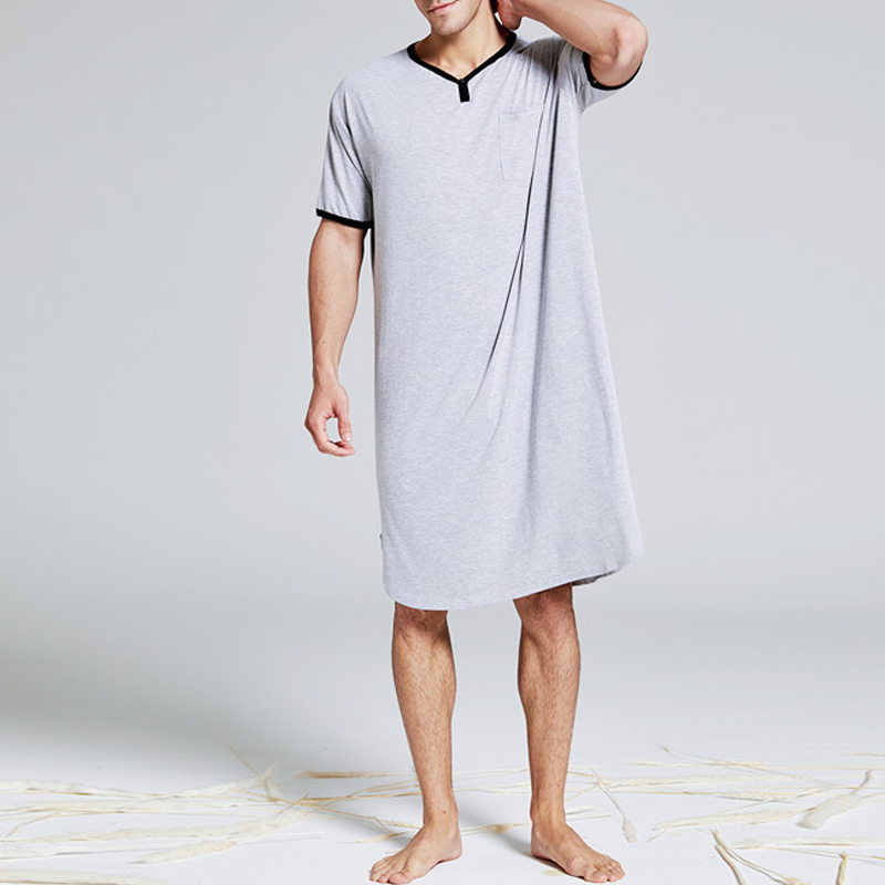 

New Summer Thin Men Pajamas Solid Short Sleeves Pyjamas Night Robe Dressing Gown Male Cotton Loose Bathrobe Sleepwear Plus Size, Blue