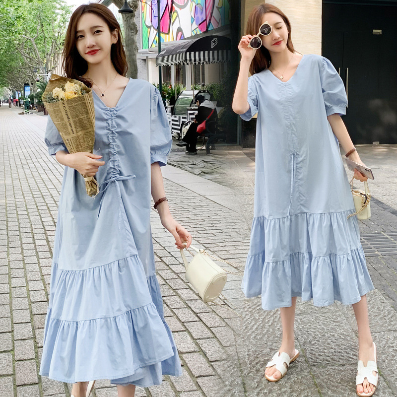 

Blue White Maternity Loose Dress Chiffon 2020 Summer V-Neck Bust Tie Wild Mid-length Large Size Maternity Dress