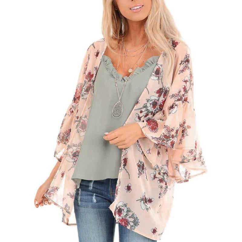 

Kimono Cardigan Women Long Chiffon Floral Print Kimono Mujer Kimonos Plus Size Blouse 2020 Summer Beach Harajuku Femininas, Beige