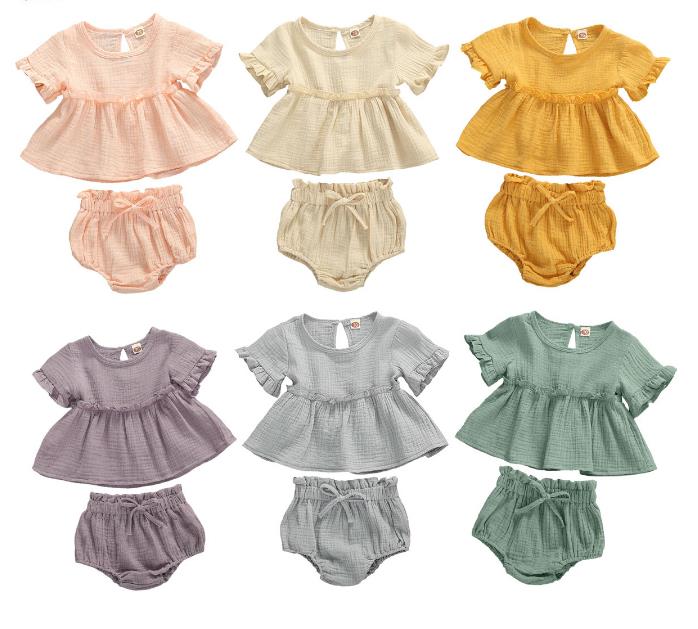 

2Pcs/Set Baby Girls Breathable Outfit Solid Color Lace Short Sleeve Tops Shorts Set Toddlers Summer Casual Baby Clothing Set, Beige