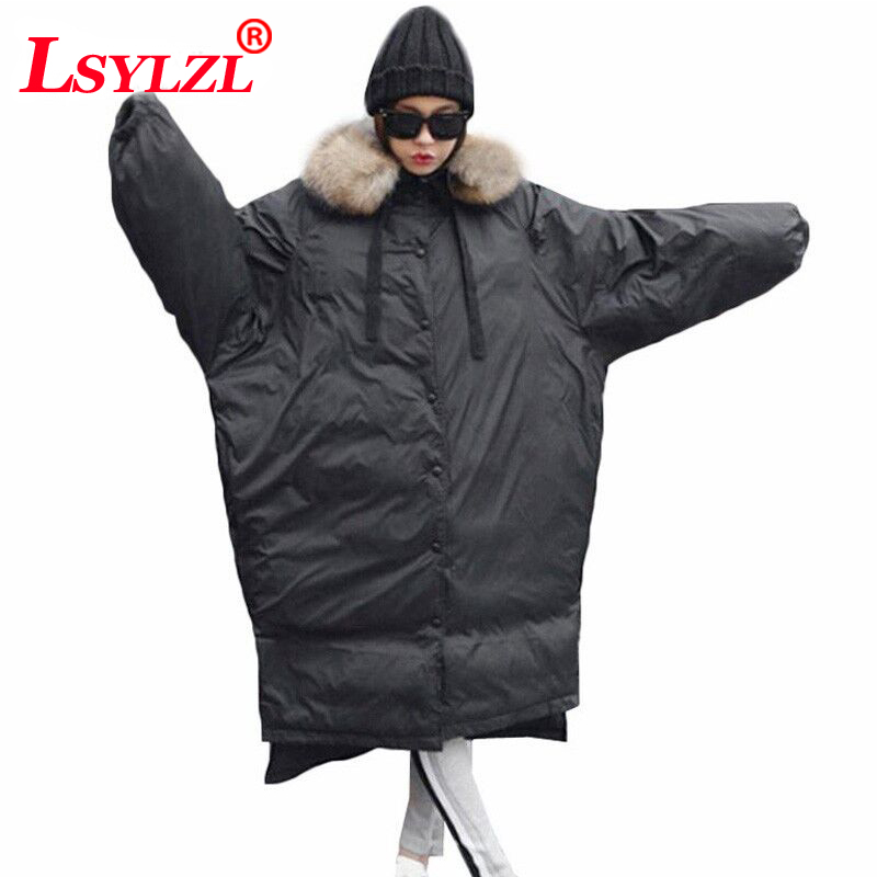 

Fur Collar Hooded Parka Female Thick Warm Cotton Outwear Loose Pleated Button Long Quilted Coat Winter Women Jacket C500, Picture color