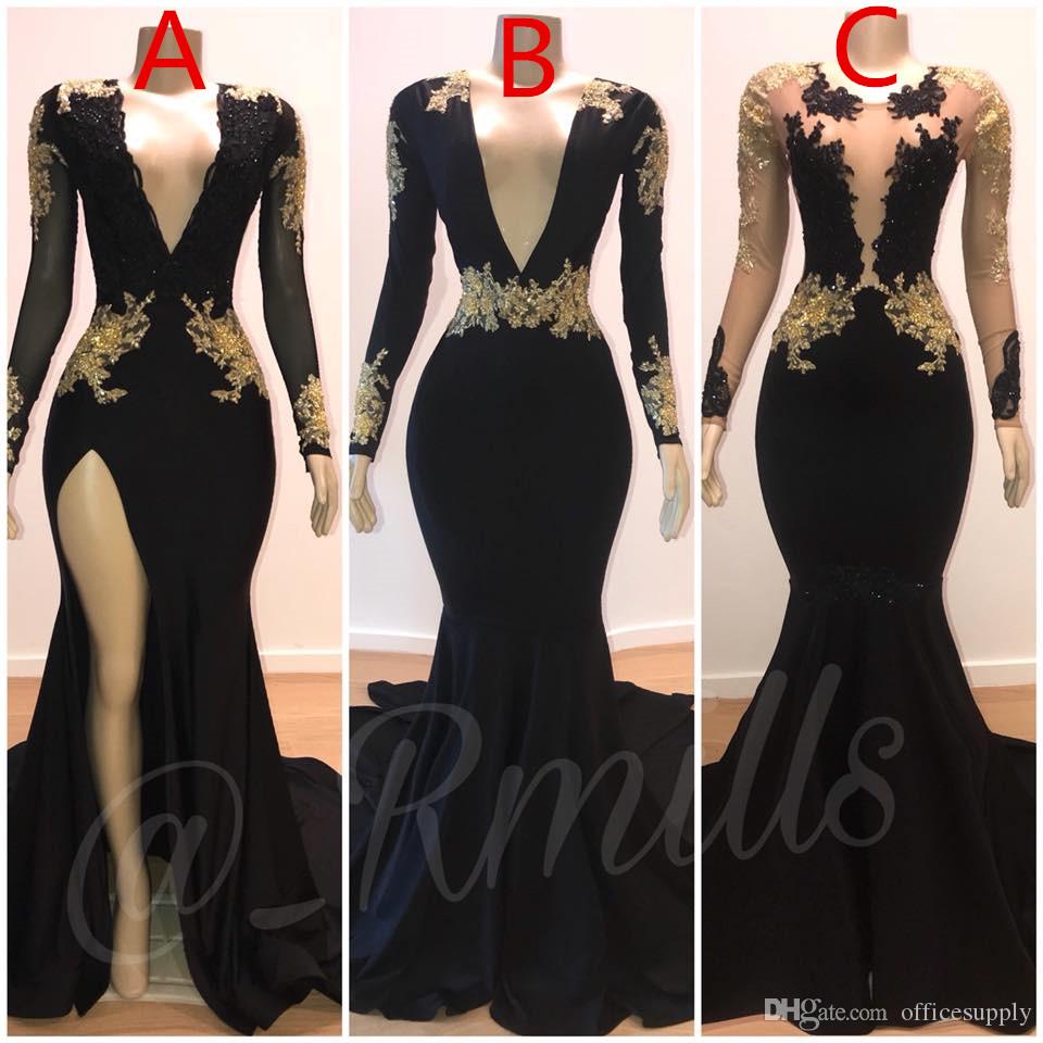 

Sexy Slim Prom Dresses Mermaid New Gold Lace Applique V-Neck Long Sleeves Illusion High Side Split Elegant Evening Gowns Plus Size Custom, Sage