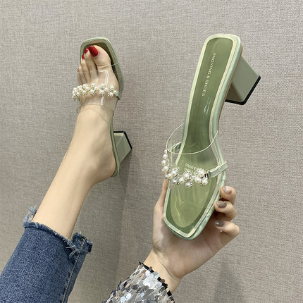 

Transparent slippers female summer wear 2020 new fashion wild rhinestone thick heel sandals and slippers, White