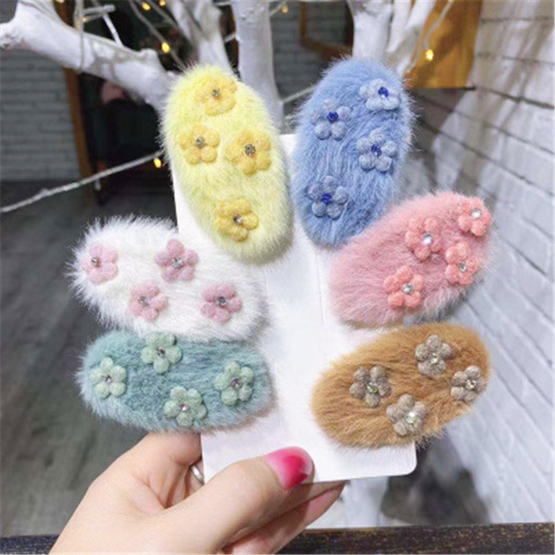 

Children Child Girl Kids BB Hair Clips Hairpins Cute Korean Japan Solid Flower Fall Winter Hairy Head Wear Accessories-HL-W12