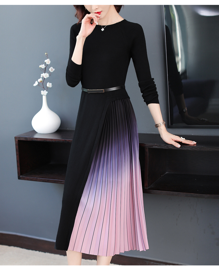 

Women Plus Size New Arrival Fashion Gradient Sweater Long Dress O-Neck Long Sleeve Slim Waist Patchwork Knitted Maxi Dress, Black