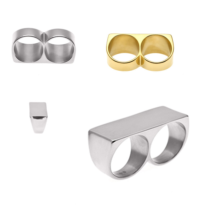 Silver and Gold No. 10 Double Finger Double Ring security knuckle duster Personality Double Finger Ring Hip Hop Gold Plated Stainless Steel-image-478370939