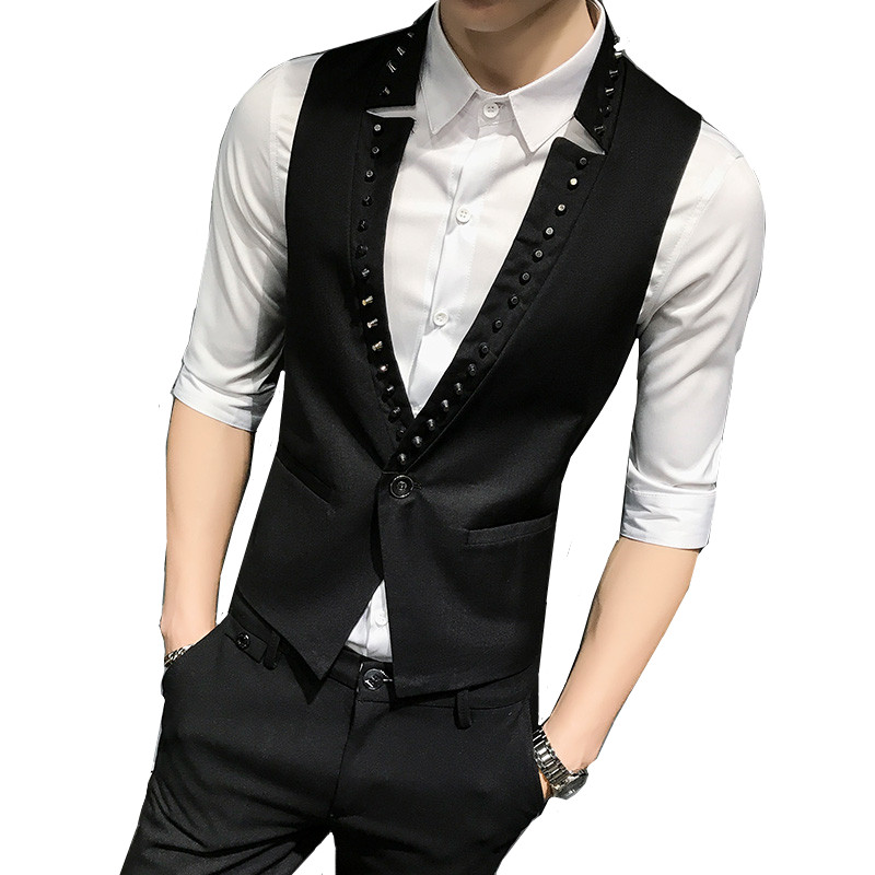 

Men's suit vest bar nightclub rivet Slim V-neck luxury punk wind stage performance clothing trend male vest 2019 New, Black