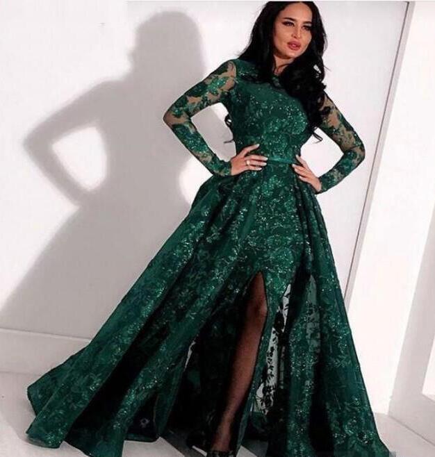 

Hunter Green Mermaid Long Sleeve Prom Formal Dresses with Overskirt 2020 Jewel Neck Split Sexy Mermaid Full Lace Arabic Evening Gown, Blue