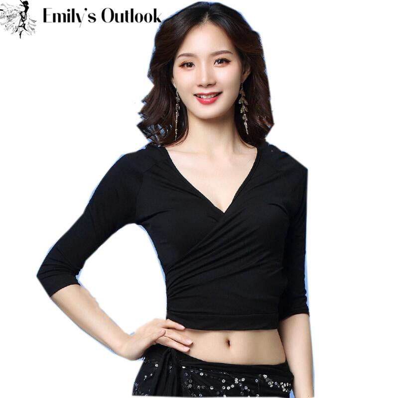 

Sexy V Neck Belly Dance Tops For Women With Sleeves Wrap Choli Blouse Modal Crop Top Slim Fit Solid Black Plus Size