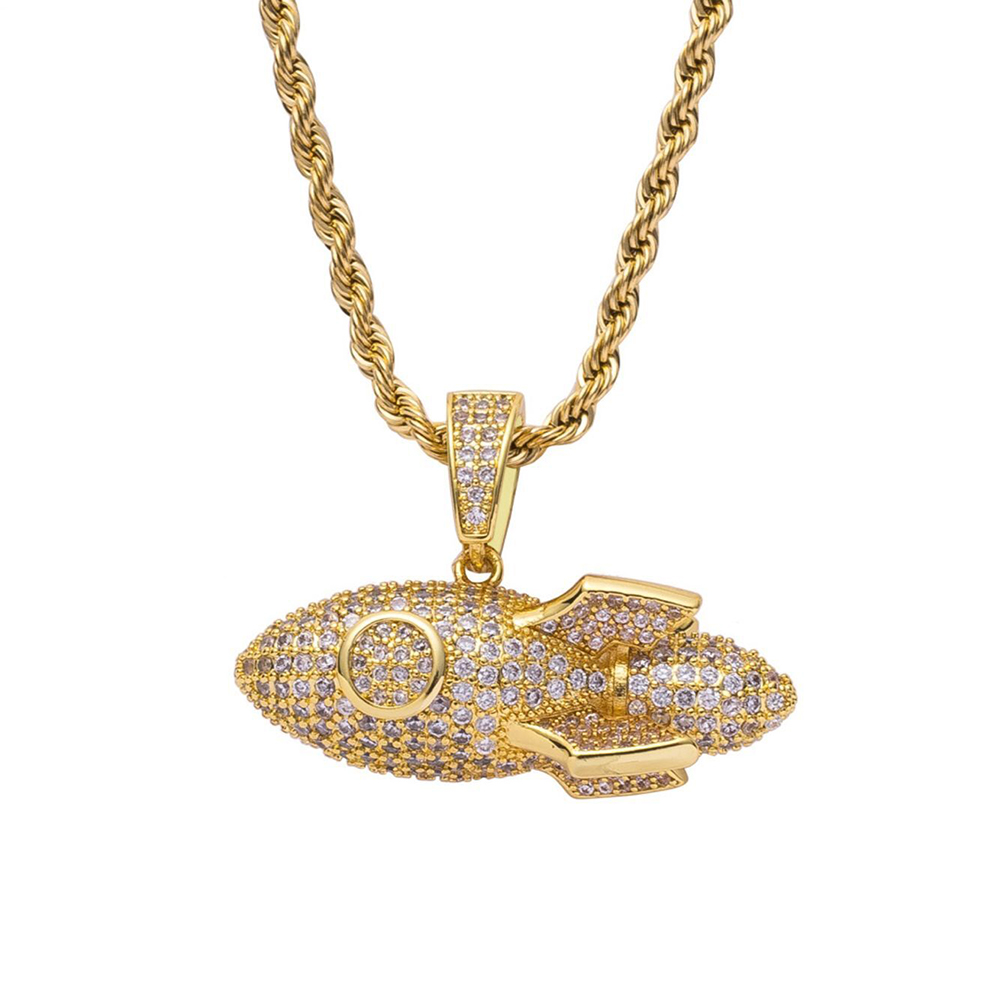 

New Men's Cool Golden Rocket Iced Out Pendant Necklace Fashion Hip hop Rock Jewelry With Rope chain For Gift