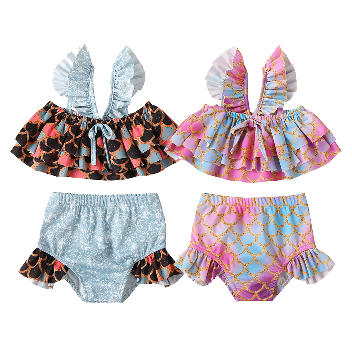 

New Baby Girls Mermaid Sequin Swimwear Children Ruffled Collar Bow Two Piece Swimsuit Bikini Bath suit Beachwear outfit, Mixed colors