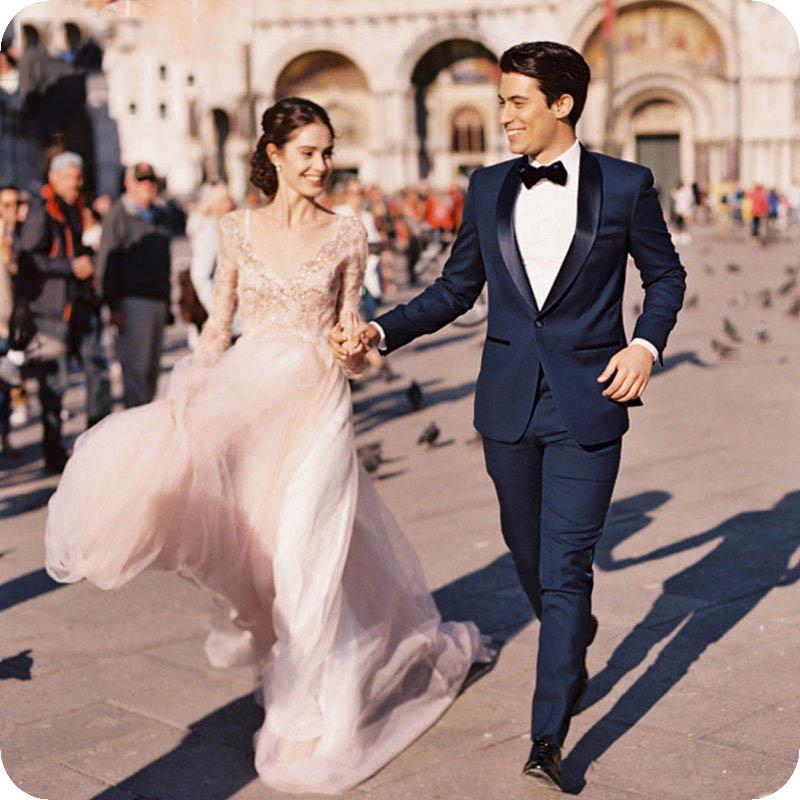 

Classic Blue Suits Slim Fit Groom Tuxedos Men Wedding Suits Man Blazer Smoking Jacket 2piece Evening Party Handsome Groomsmen Jacket Pants, Ivory