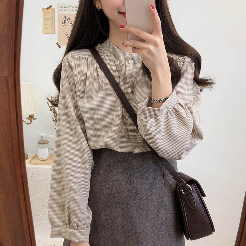 

Women Fashion O-neck Plaid Blouses Casual Long Sleeve Blouse Loose Sweet Long-sleeved Shirts, Yellow