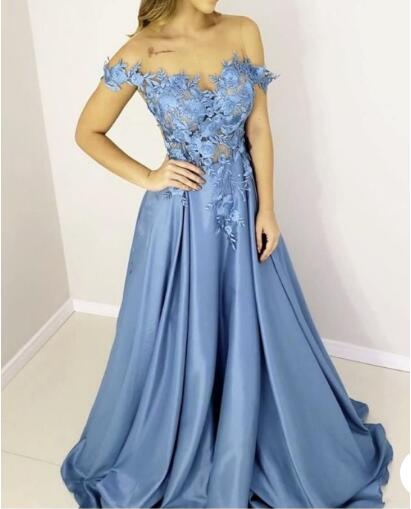 

Off the shoulder Blue/Pink Prom Dresses with Appliques Lace, Green