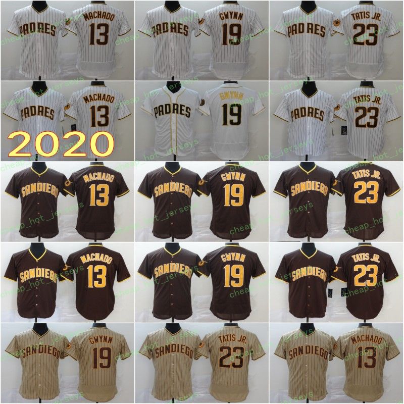

2020 Men Hot 13 Machado Jersey 19 Gwynn 23 Tatis Jr Baseball Jerseys White Brown Flexbase Coolbase Man Home Road Stitched, As