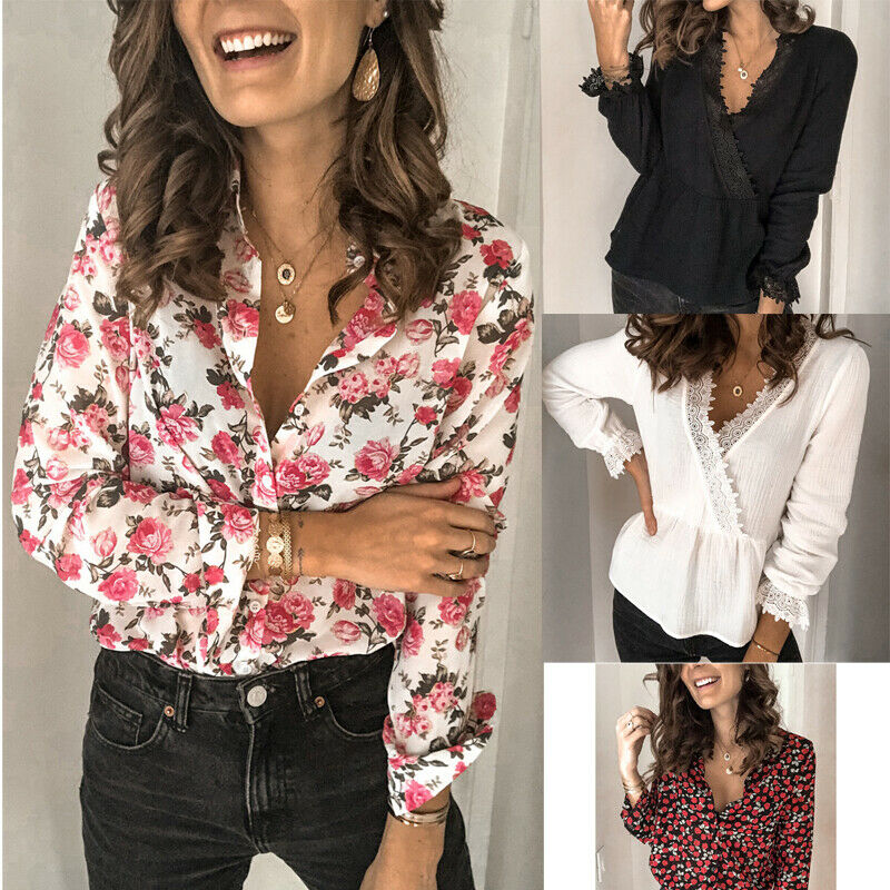 

Women Long Sleeve Floral Blouse V-neck Tops Lady Chiffon Shirt Plus Size -XXL 2020 New, Red a