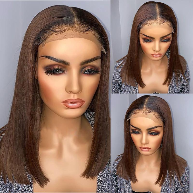 

13*6 Ombre Honey Blonde Lace Front Human Hair Wigs for Women Pre Plucked 1b/30 Colored Straight Short Bob Wigs Brazilian Remy, T1b/30