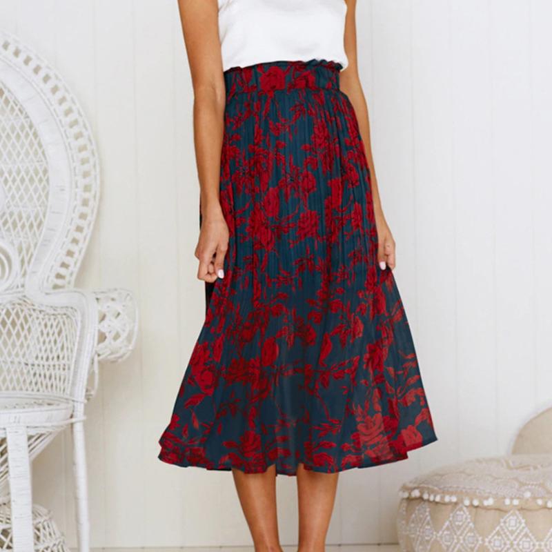 

Pleated Party Casual Women Skirt Midi Vintage Pockets Polka Dot Puffy Swing Elastic Polyester Soft Office, Green