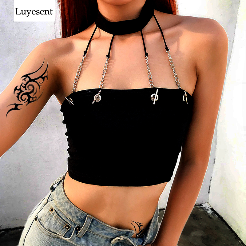 

Punk Black Woman Chains Sexy Short Camis 2020 Summer Crop Halter Eyelet Basic Gothic Chic Rock Backless Vest Hip-hop Street Top