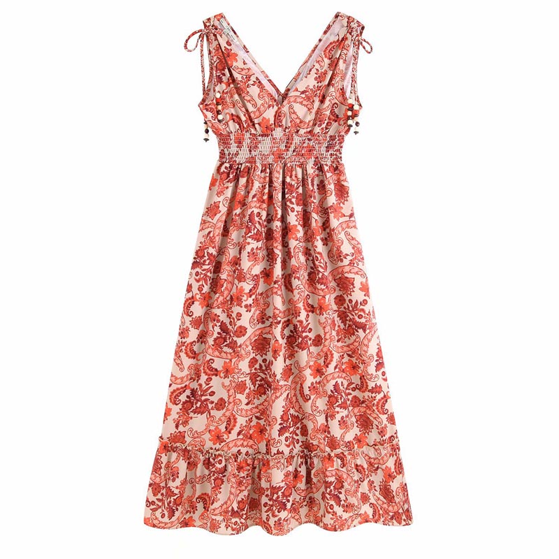 

QZ971 Summer Ladies Fashion Orange Print Double V Neck Side Beads Deco Slim Waist Dress Women Bohemia Sleeveless Vestidos