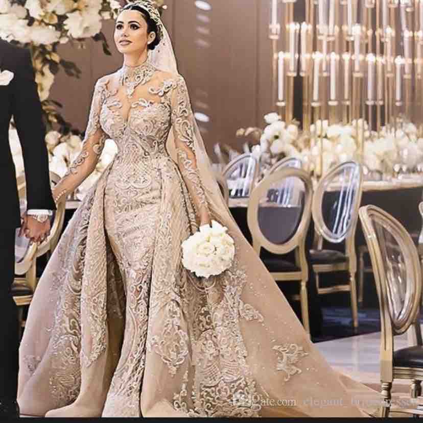 

Arabic Luxury Long Sleeves Lace Mermaid Wedding Dresses High Neck Applique Sweep Train Wedding Bridal Gowns With Over Skirts BC1096, Gold