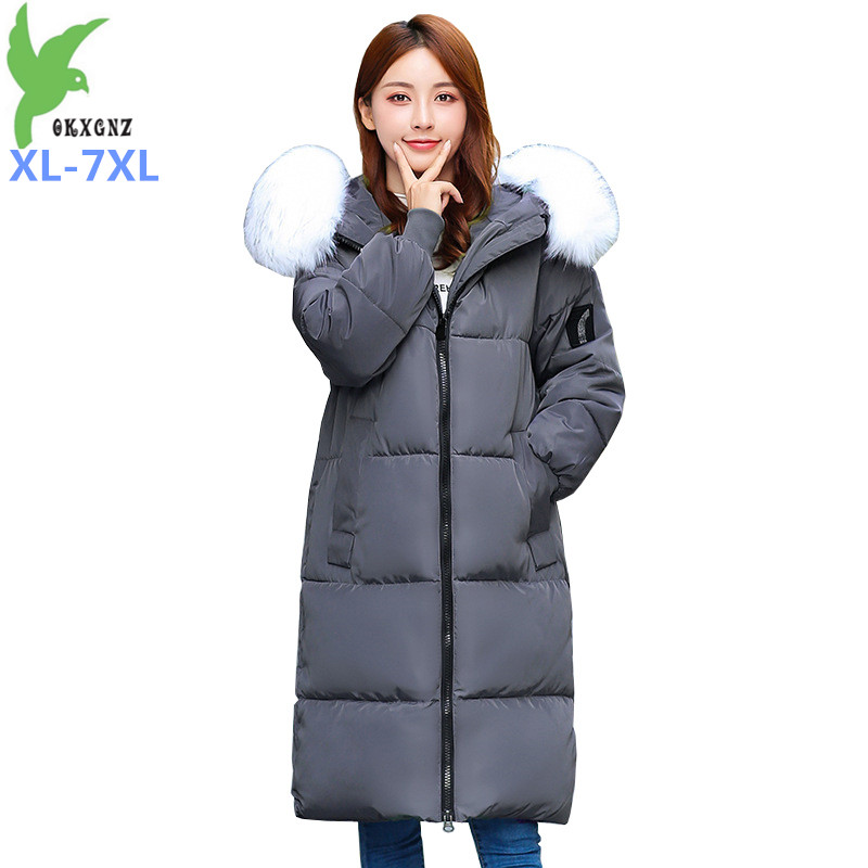 

2019 Plus size -7XL Women Winter Parkas Down cotton jacket Fur collar Hooded Thicken Long Cotton-padded jacket Large size 2915, Armygreen