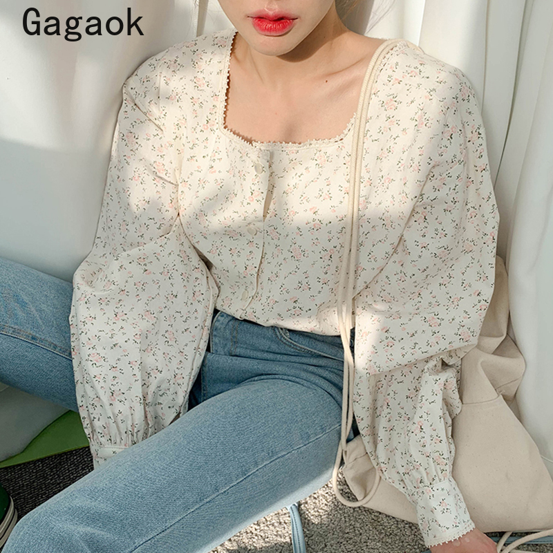 

Gagaok Women Vintage Korean Blouse 2020 Summer New Square Collar Puff Sleeve Full Floral Print Loose Chic Wild Fashion Shirts, Beige