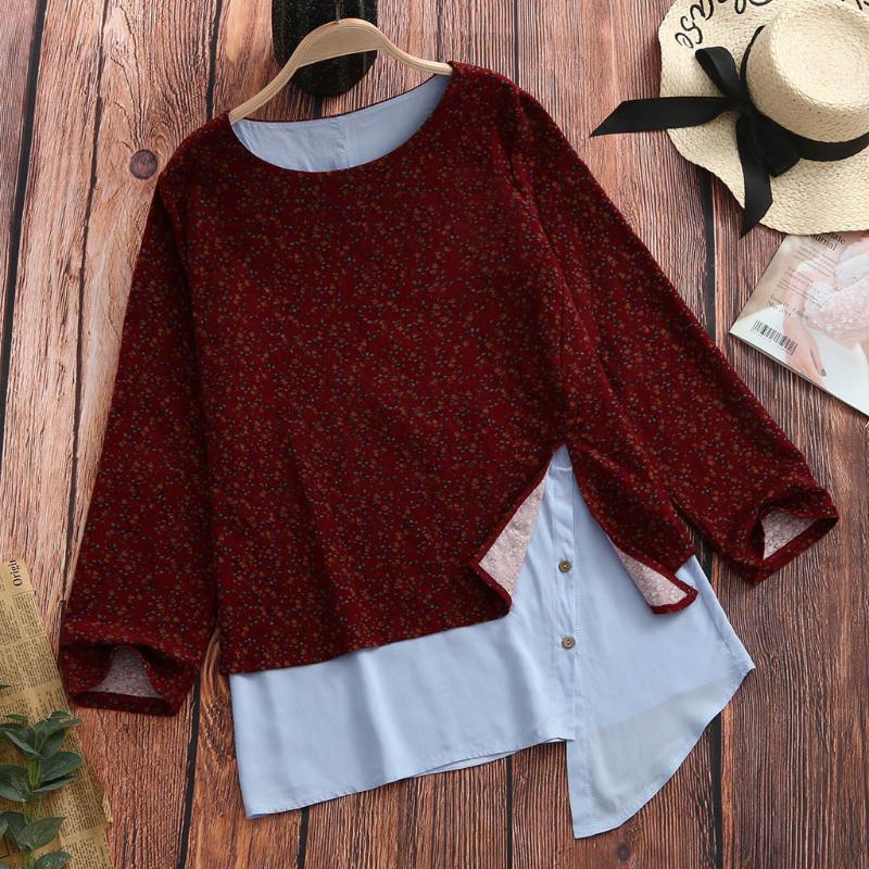 

Irregular Hem Women Blouses Patchwork Casual Loose Cotton And Linen Shirt Full Sleeve Summer Autumn Button Blouses Woman 2020, Red